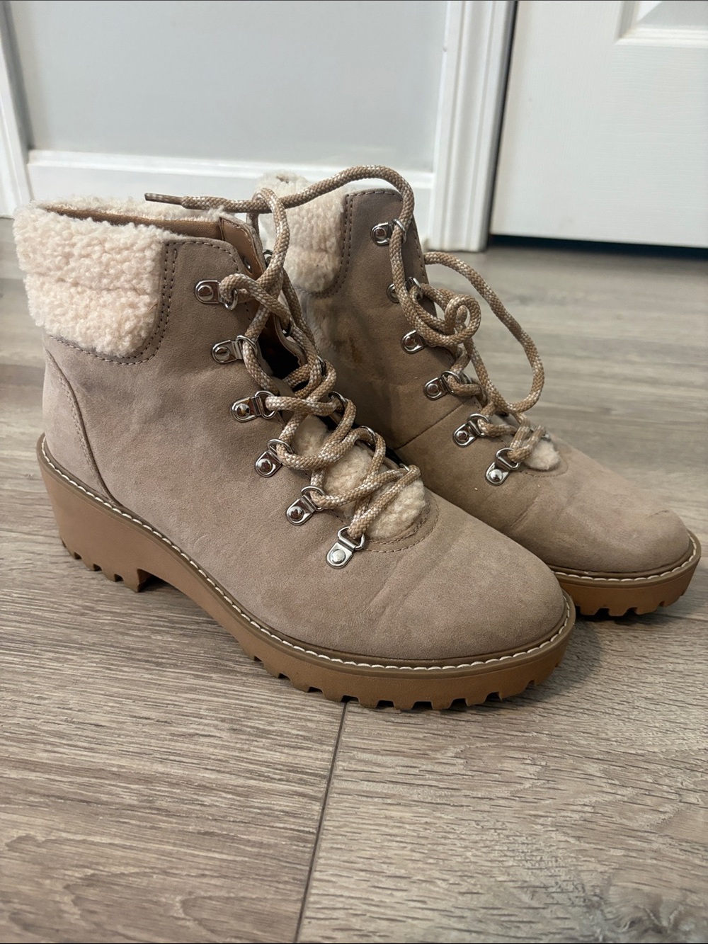 Women’s Taupe Sherpa-Trim Lace-Up Booties